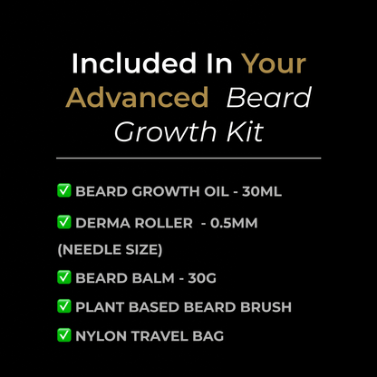 Mumkin Advanced Beard Growth Kit contents list  includes beard growth oil 30ml, derma roller 0.5mm, beard balm 30g, plant-based vegan beard brush, and nylon travel bag for complete beard care and styling.