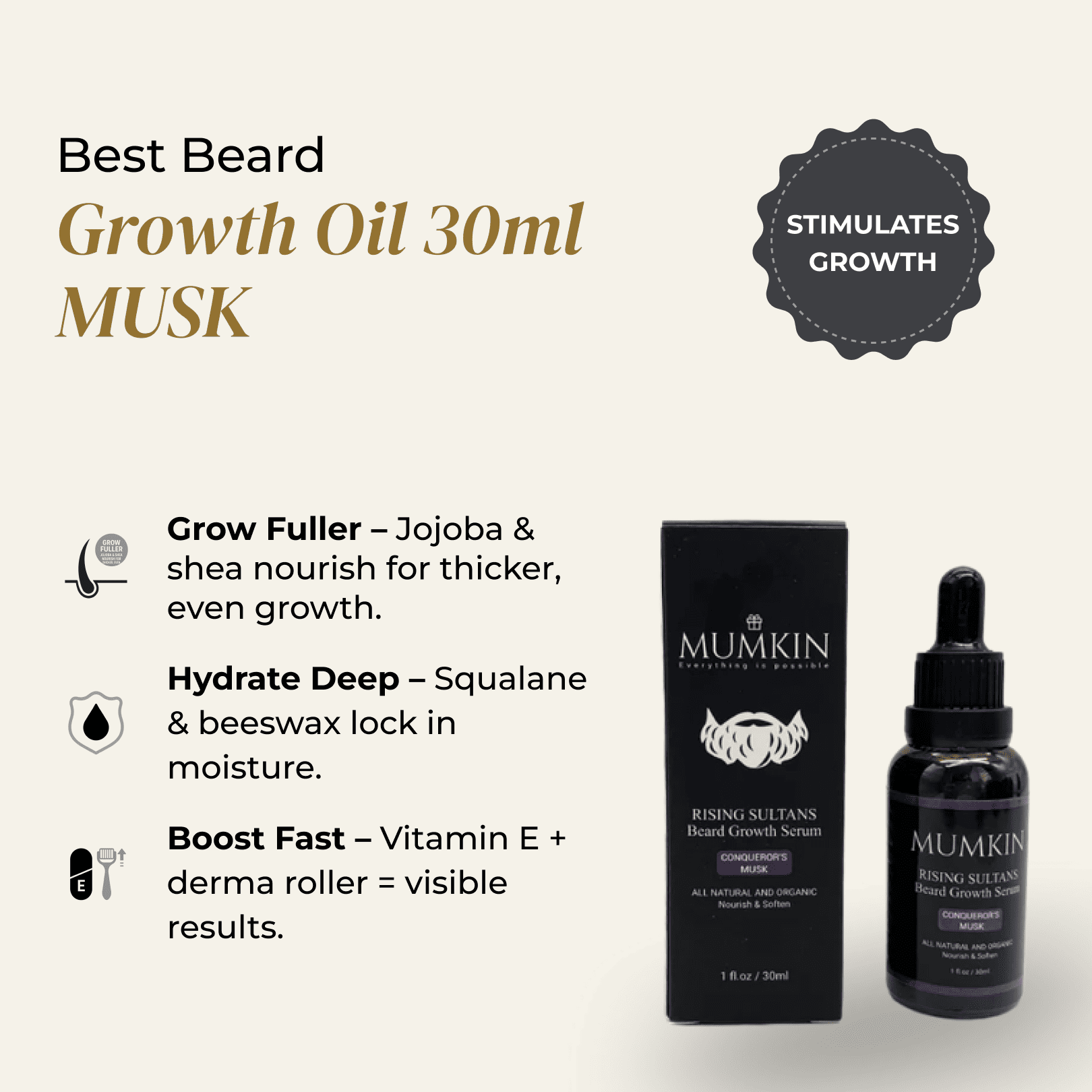 Mumkin Beard Growth Oil 30ml Musk — premium beard serum enriched with Jojoba, Shea, Squalane, and Vitamin E to stimulate beard growth, hydrate deeply, and promote thicker, fuller, healthier facial hair.
