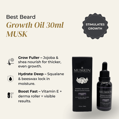 Mumkin Beard Growth Oil 30ml Musk — premium beard serum enriched with Jojoba, Shea, Squalane, and Vitamin E to stimulate beard growth, hydrate deeply, and promote thicker, fuller, healthier facial hair.