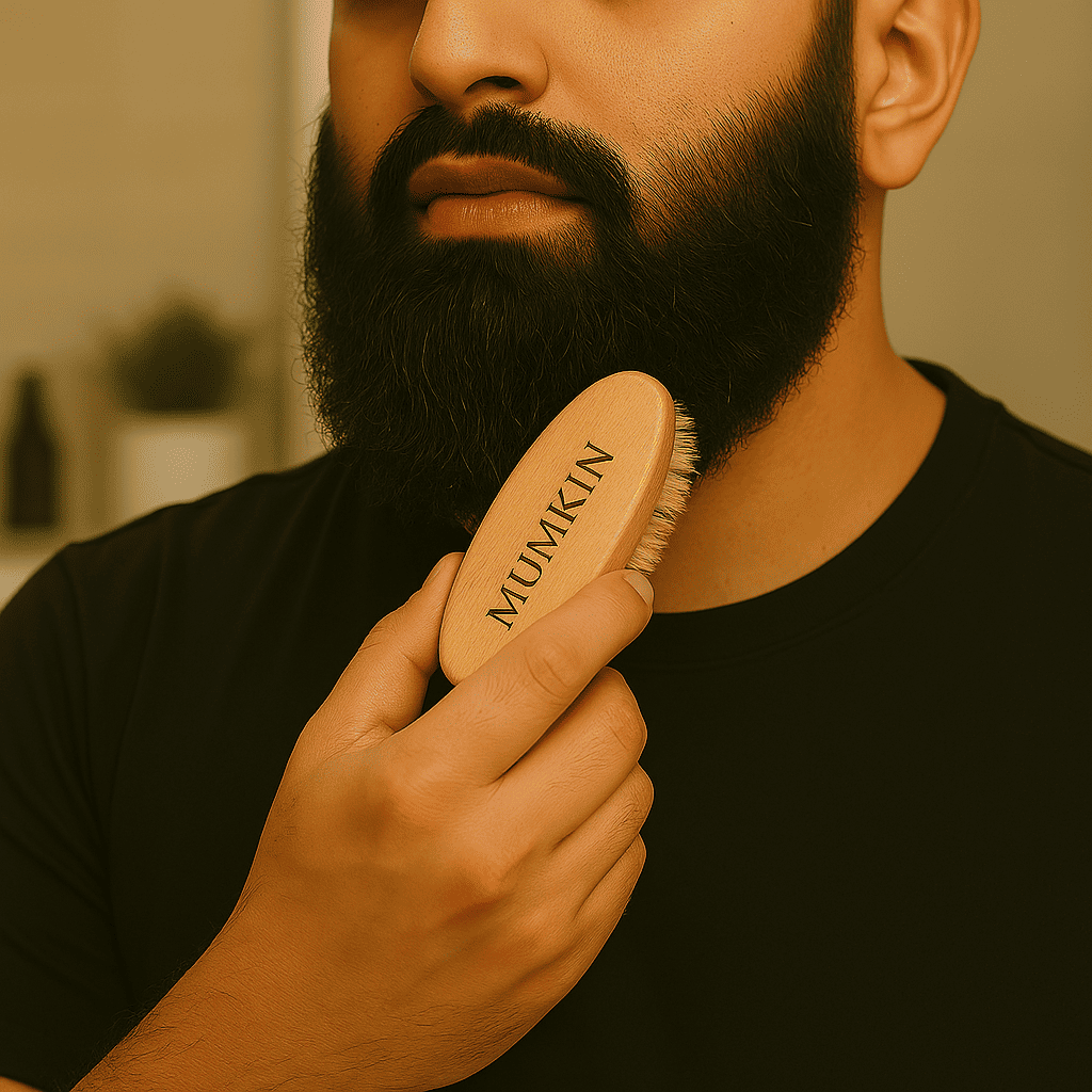Step 5: How to use ultimate beard kit: Importance of halal, vegan beard brush which conditions and trains facial hair, helping to style it in a desired direction while distributing oils.